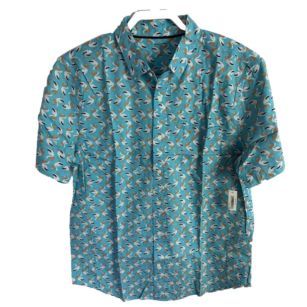 Amazon Essentials Men's Button Up Shirt Size Large Blue Pelican Print NEW